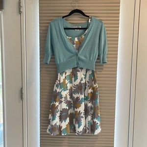 Maggot London dress with teal cardigan.